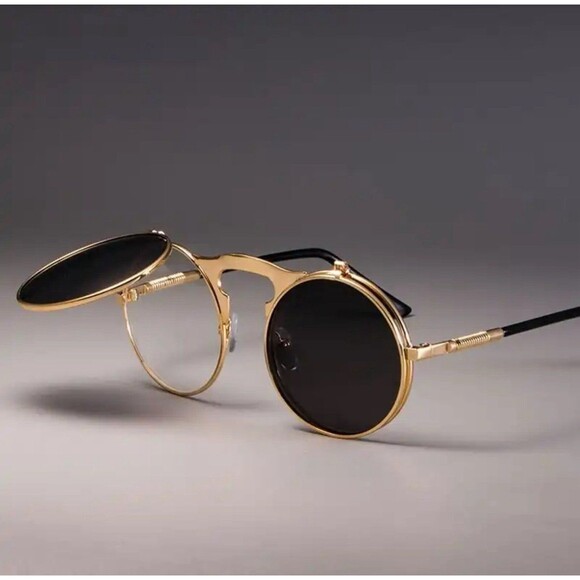 Vintage Steampunk Flip Sunglasses Retro Round Metal Sun Glasses for Men Women - Picture 4 of 6